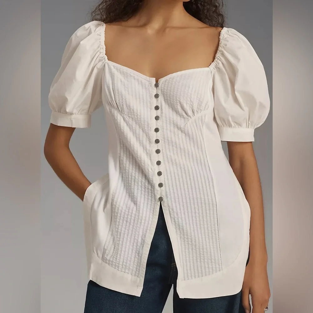 Maeve Puff-Sleeve White Sweetheart Top Size XS